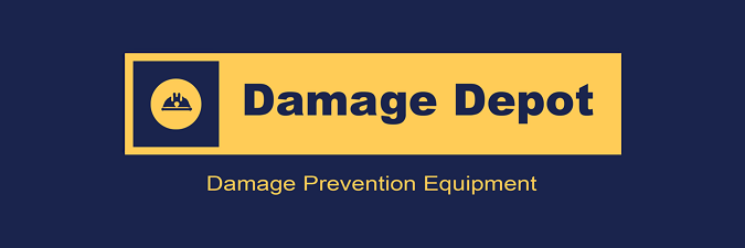 Damage Depot logo on a navy background: yellow banner with a circular icon and the text 'Damage Depot', plus the tagline 'Damage Prevention Equipment'.